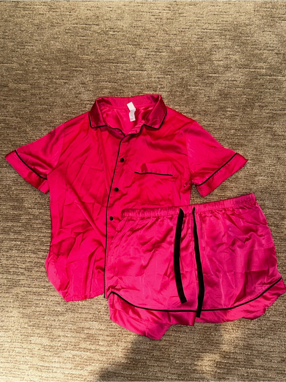 stars above Hot Pink Satin Short Pajama Set with Black Trim